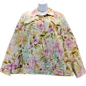 Alfred Dunner Women Floral Tropical Long Sleeve Denim Pockets Jacket Size 16